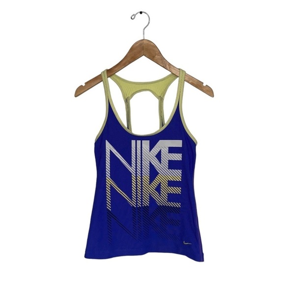 Nike Tank Top Women's Size XS Blue Yellow Vintage Printed Built-in Shelf Bra - Picture 1 of 8